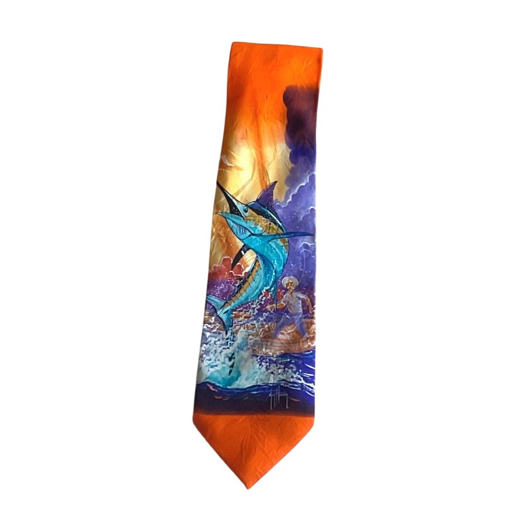 Guy Harvey Ocean silk necktie XL long 62"sportfishing marlin sailfish swordfish
